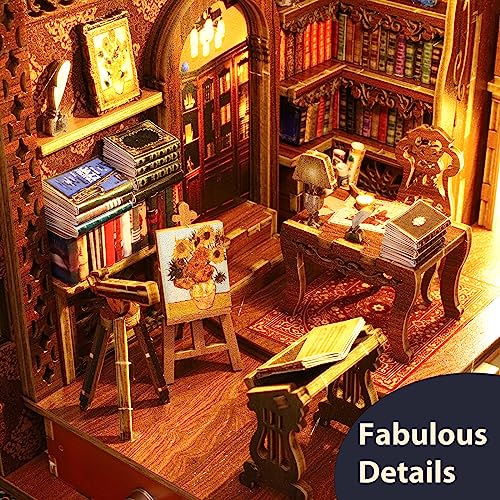 DIY Book Nook Kit, Bookshelf Insert Decor Alley 3D Wooden Puzzles with LED Lights & Motion Sensor, Miniature Dollhouse Kits Bookends Craft Kits for OMEPEA