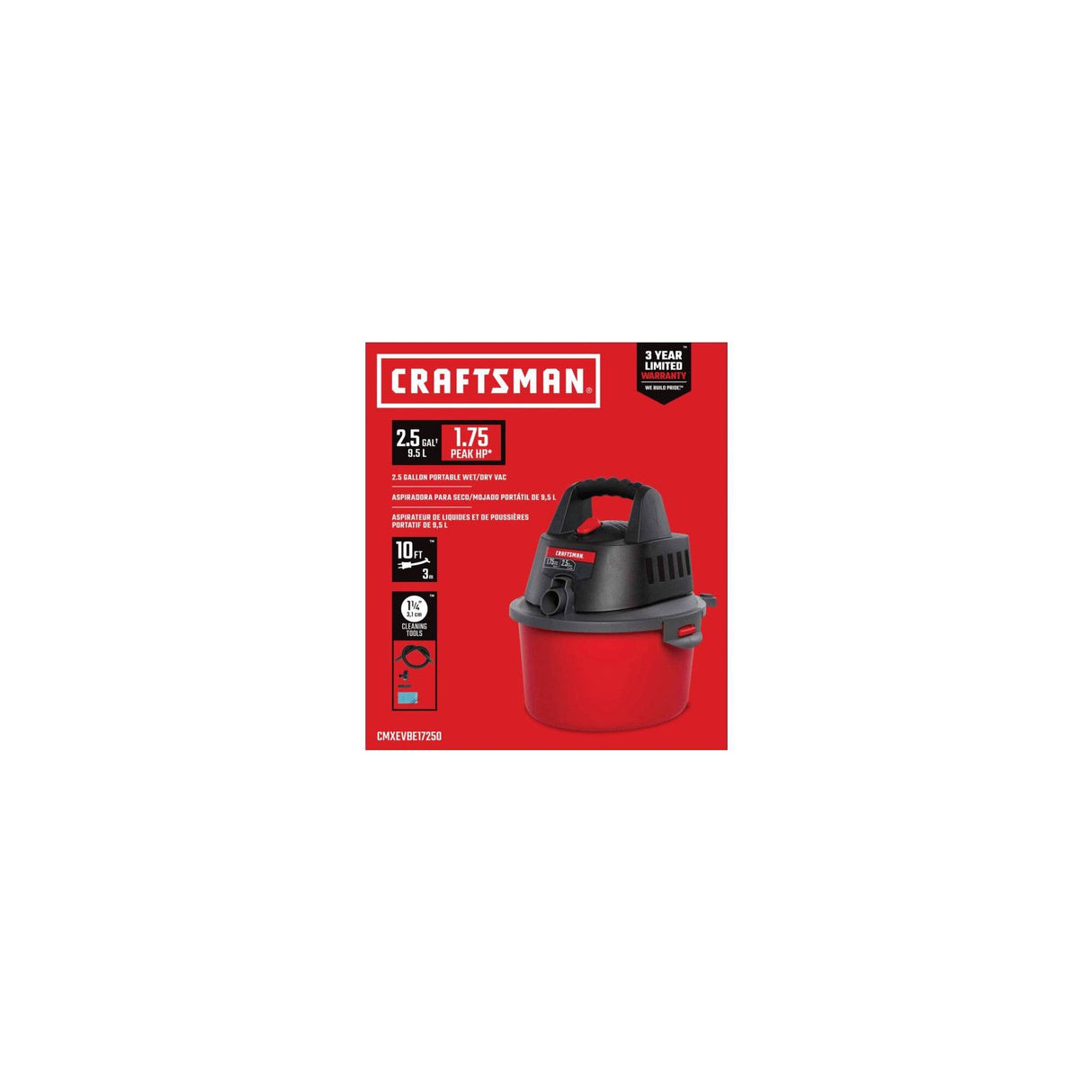 CRAFTSMAN CMXEVBE17250 2.5 Gallon 1.75 Peak HP Wet/Dry Vac, Portable Shop Vacuum with Attachments Craftsman