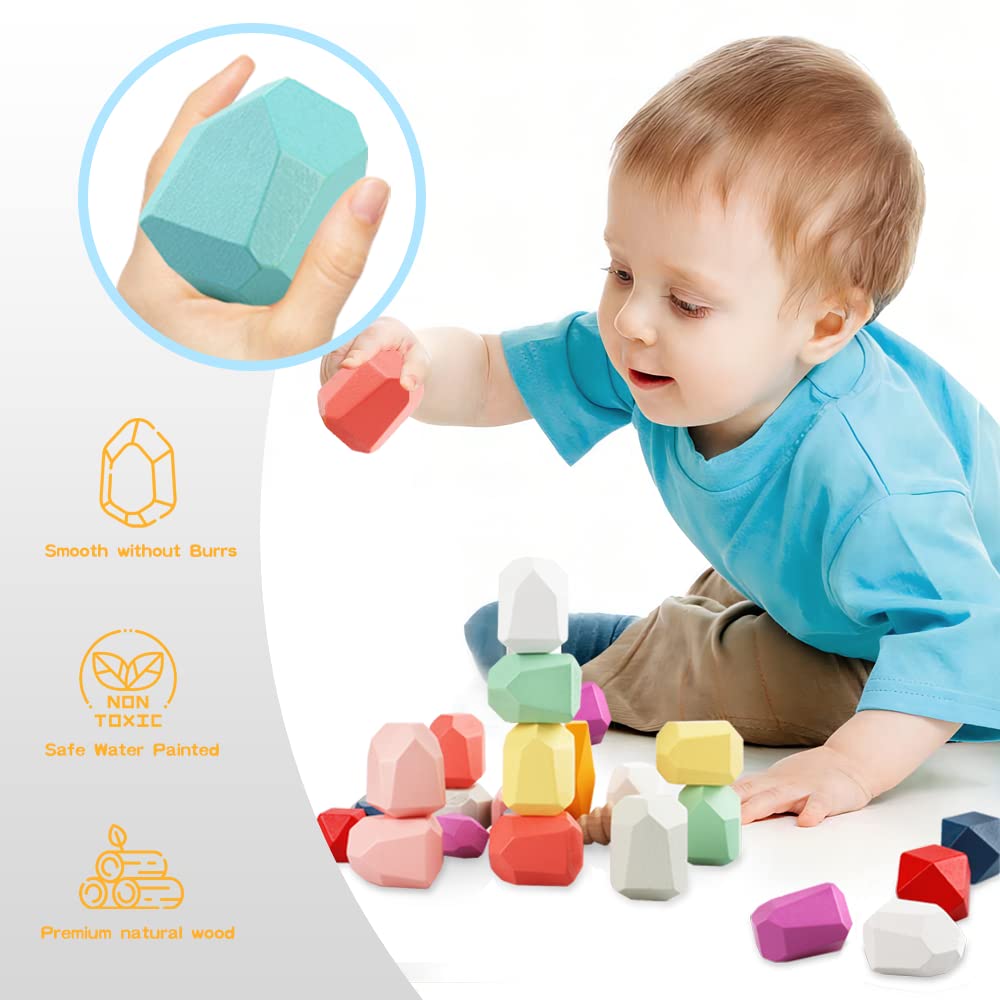 48PCS Wooden Stacking Building Blocks Montessori Toys for 1 2 3 4 5 6 Year Old Girls Boys Preschool Educational Sensory Toys for Toddlers 1-3 STEM