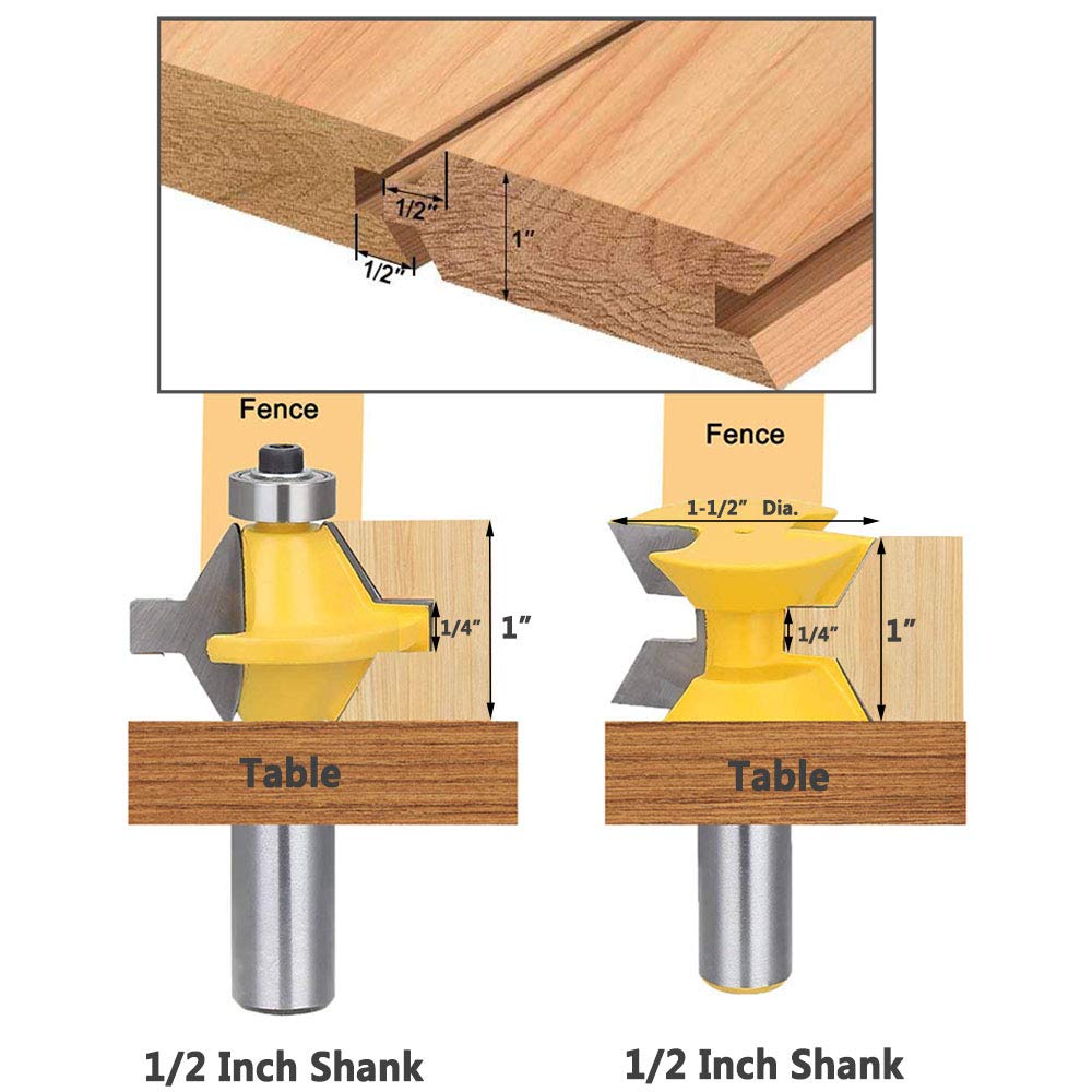 Yakamoz 2Pcs Matched 1/2" Shank Tongue and Groove Router Bit Set 120 Degree Woodworking Groove Chisel Cutter Tool YAKAMOZ