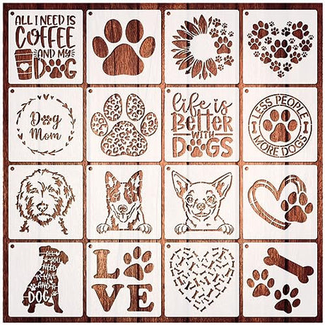 16 Pieces Dog Stencils Dog Paw Print Stencil Love Sunflower Heart Dog Stencils for Painting on Wood Reusable Painting Templates for DIY Crafts Boqon