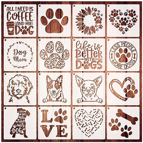16 Pieces Dog Stencils Dog Paw Print Stencil Love Sunflower Heart Dog Stencils for Painting on Wood Reusable Painting Templates for DIY Crafts
