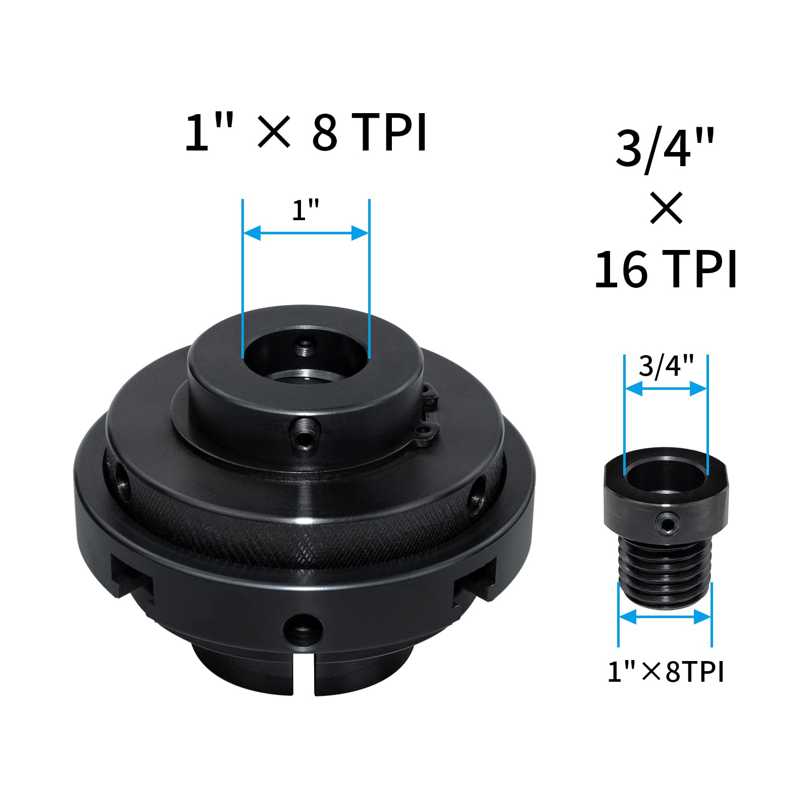 DEEFIINE 4 Inch Wood Lathe Chuck Set 1" x 8 tpi thread & 3/4"x16TPI Adapter, Self Centering 4 Jaw Wood Turning Chuck (2PCS jaws) Black - WoodArtSupply