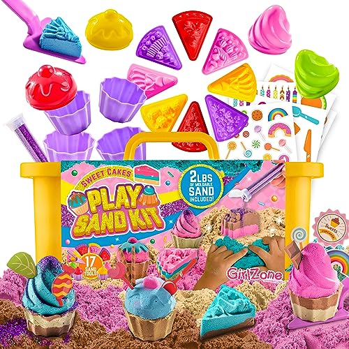 GirlZone Sweet Cakes Play Sand Kit, Fun Sand Box Toys Kit with 2lbs Moldable Sensory Sand and 17 Sandbox Sand Tools, Fun Sand Toys for Toddlers Age - WoodArtSupply