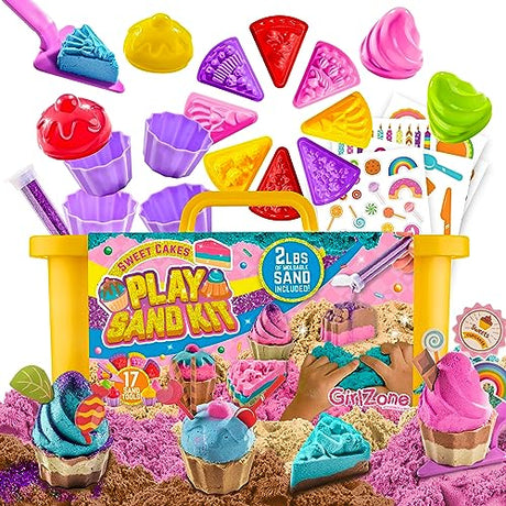 GirlZone Sweet Cakes Play Sand Kit, Fun Sand Box Toys Kit with 2lbs Moldable Sensory Sand and 17 Sandbox Sand Tools, Fun Sand Toys for Toddlers Age GirlZone