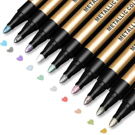 JR.WHITE Metallic Paint Markers, 10 Colors, Acid-Free, Smooth Writing, Ideal for Arts & Crafts, Scrapbooking, DIY Projects, Glass, Wood, Card Making JR.WHITE