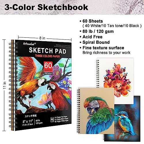 80 Pack Drawing Set Sketching Art 3-Color Sketchbook Watercolor