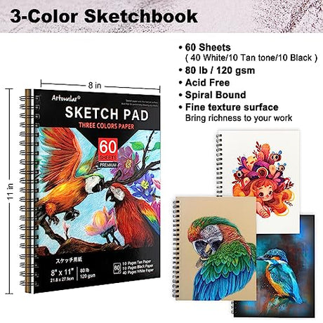 Artownlar 72 Pack Drawing Sketching Set with 8x11" Sketchbook | Pro Art Supplies Kit for Artist Adults Teens Beginner | Graphite Charcoal, Watercolor Artownlar