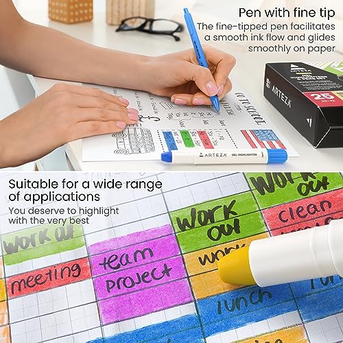 ARTEZA Gel Highlighters & Black Pens Set, Pack of 24 with Sharpener, Smudge-Free, Essential Office and School Writing Supplies, for Bibles, Books,