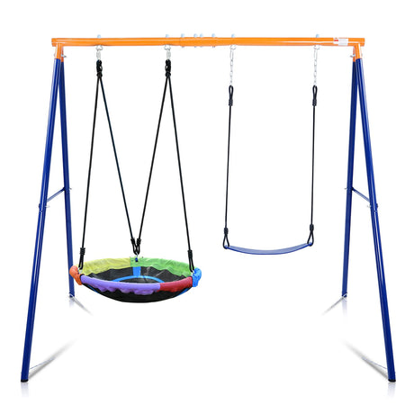 Swing Set for Backyard, 440lbs Swing Set with Heavy-Duty A-Frame Metal Outdoor Swing Stand, 1 Saucer Swing Seat & 1 Belt Swings Seat Lunafun