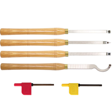 AT04 Carbide Tipped Wood Turning tools Lathe set Rougher Detailer Finisher Swan Neck Hollower with Solid Wood Handle and Diamond Round Square Carbide Asieg Tool