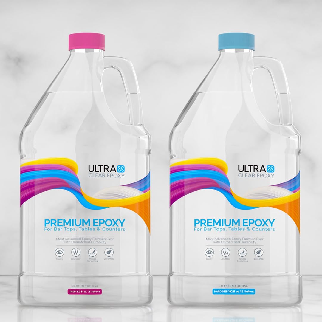 Ultra Clear Epoxy Resin and Hardener | Scratch Resistant, Crystal Clear Coating, Glossy, Low Odor Epoxy Primer | Ideal for Bar Tops, Tables, & Ultra Clear Epoxy