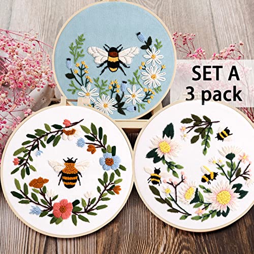 Lukinbox Embroidery Starter Kit for Beginners, 3 Sets Cross Stitch Kits for Adults, Include Embroidery Clothes with Cute Bees and Flowers Patterns, 1 Lukinbox