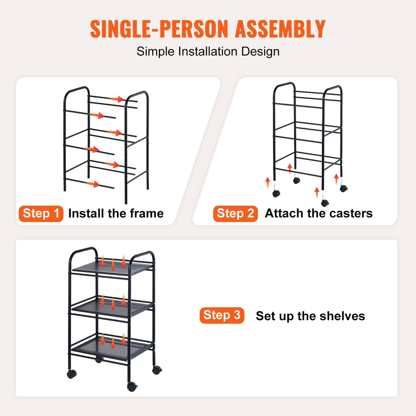 VEVOR 3-Tier Metal Rolling Cart, Heavy Duty Utility Cart with Lockable Wheels, Multi-Functional Storage Trolley with Handle for Office, Living Room, - WoodArtSupply