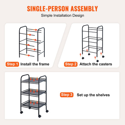 VEVOR 3-Tier Metal Rolling Cart, Heavy Duty Utility Cart with Lockable Wheels, Multi-Functional Storage Trolley with Handle for Office, Living Room, - WoodArtSupply