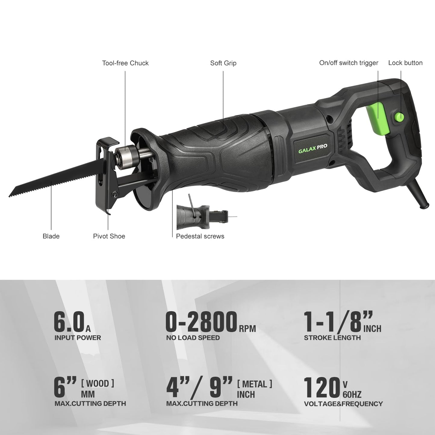 GALAX PRO 120V Reciprocating Saw, 6.0 Amp Variable Speed Corded Reciprocating Saw with1-1/8" Stroke Length, 2800RPM and 6" Max for Wood, Metal, PVC - WoodArtSupply