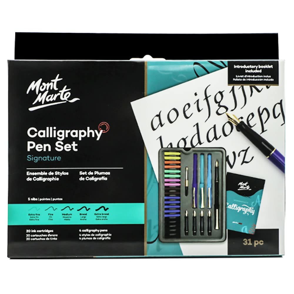 Mont Marte Calligraphy Set, 32 Piece. Includes Calligraphy Pens, Calligraphy Nibs, Ink Cartridges, Introduction Booklet and Exercise Booklet, - WoodArtSupply