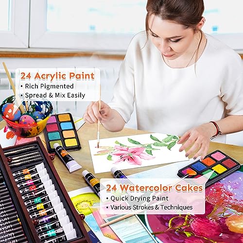 175 Piece Deluxe Art Supplies, Art Set with 2 A4 Drawing Pads, 24 Acrylic Paints, Crayons, Colored Pencils, Art Kit for Adults Artist Beginners Kids