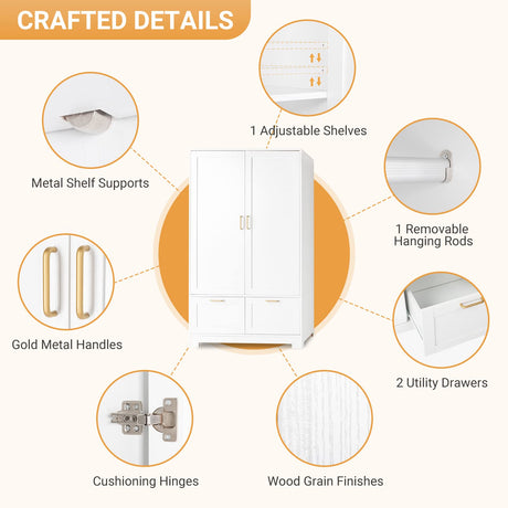 VINGLI Wide White Armoire Wardrobe Closet with Adjustable Shelves and Drawers, 60" Freestanding Closet Wardrobe Cabinet, Armoires and Wardrobes with VINGLI