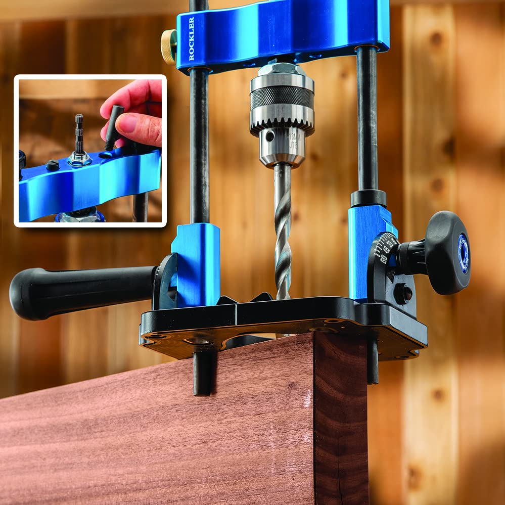 Rockler Drill Guide w/Chuck Key - Full-Size Drill Press Accessories for Small Shops - 0° to 60° Angle Drill Guide w/Easy-to-Read Protractor Scale - - WoodArtSupply