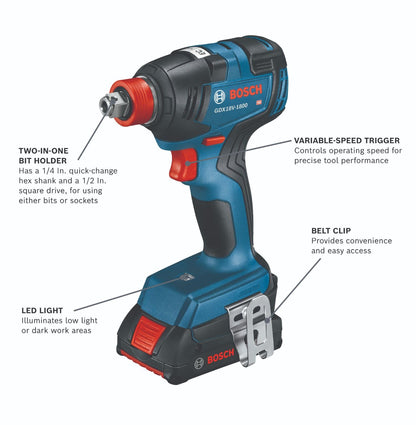 BOSCH GXL18V-240B22 18V 2-Tool Combo Kit with 1/2 In. Hammer Drill/Driver, Two-In-One 1/4 In. and 1/2 In. Bit/Socket Impact Driver/Wrench and (2) 2 - WoodArtSupply