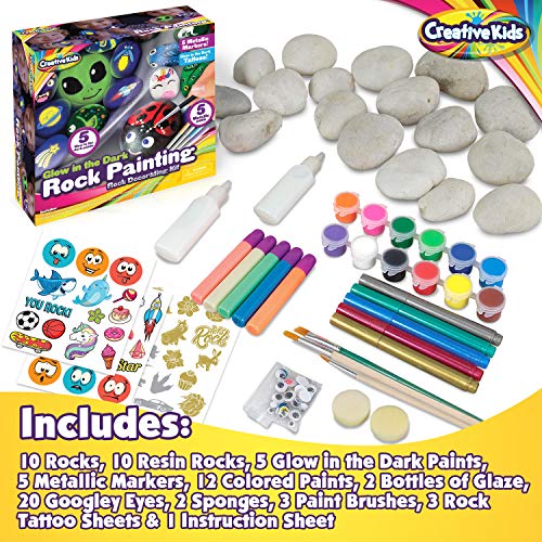 Kids Rock Painting Kit Christmas Gift - 20 Rocks, 5 Glow in The Dark & 12 Standart Paints, 5 Metallic Markers - Art Supplies for Kids Toy Gift Ages