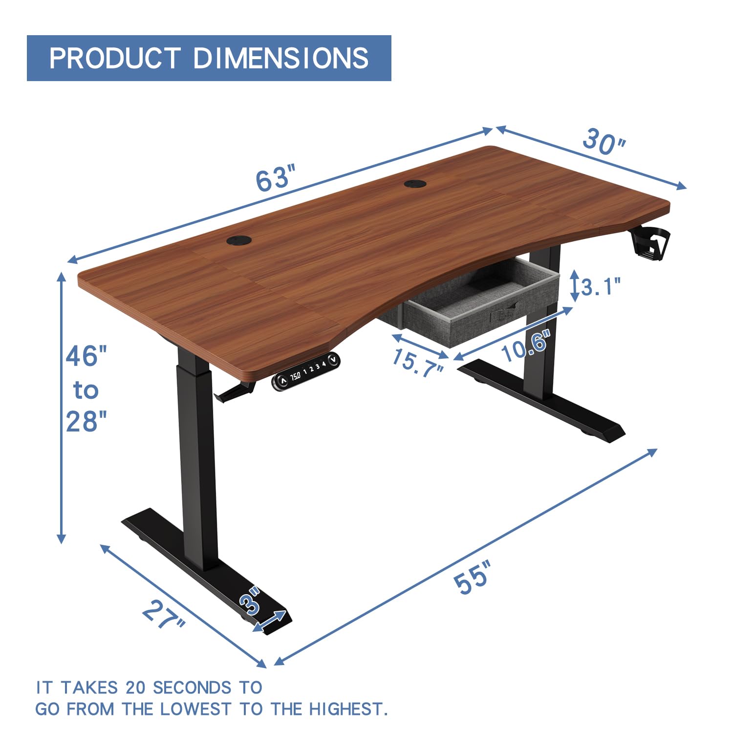 bilbil 63x30 Inches Dual Motor Electric Standing Desk with Drawer, Height Adjustable Sit Stand Up Desk with 4 Splice Boards, Home Office Desk - WoodArtSupply