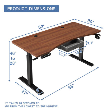 bilbil 63x30 Inches Dual Motor Electric Standing Desk with Drawer, Height Adjustable Sit Stand Up Desk with 4 Splice Boards, Home Office Desk - WoodArtSupply