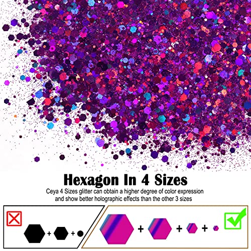 Ceya Holographic Chunky Glitter, 4.2oz/ 120g Purple Craft Glitter Powder Mixed Chunky & Fine Flakes Iridescent Nail Sequins for Nail Art, Hair, Epoxy ceya