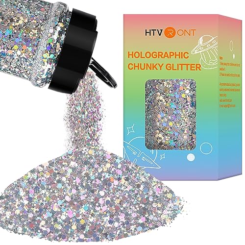 HTVRONT Chunky Glitter for Resin - 200g/7oz Silver Glitter, Designed Shaker Cap Holographic Glitter, Craft Glitter Powder Mixed Chunky Fine Flakes HTVRONT