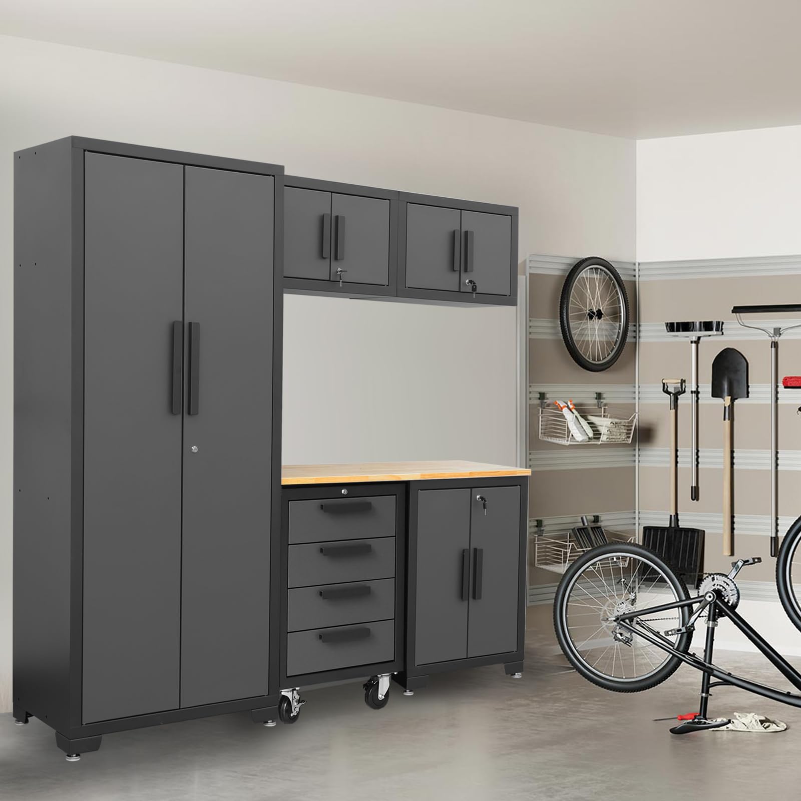 Torin 6 Piece Set with Lockers, Shelves and Wood Worktop, Black/Grey Garage Storage System - WoodArtSupply