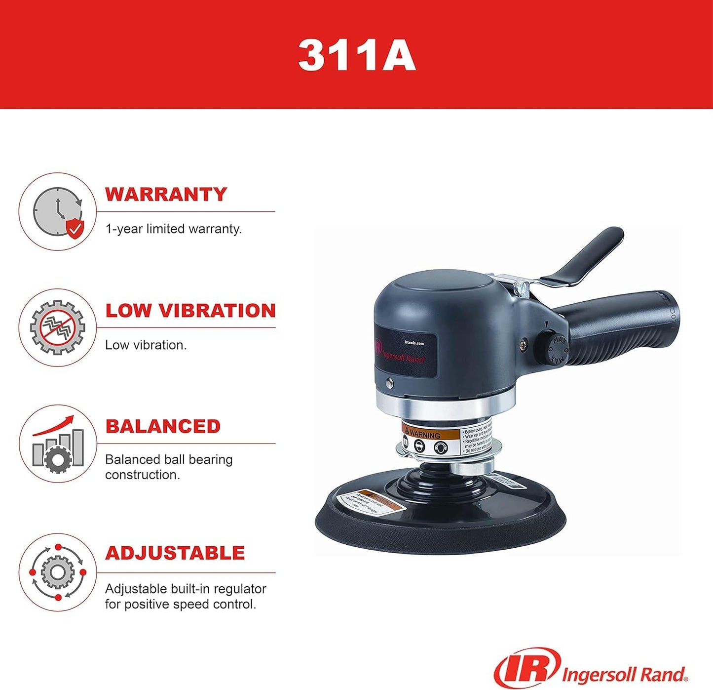 Ingersoll Rand 311A 6” Orbital Air Dual-Action Quiet Sander, Heavy Duty, 10,000 RPM, Low Vibration, Swivel Free Finish, Adjustable Built-In Regulator - WoodArtSupply