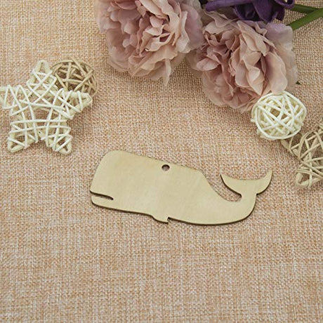 JANOU 20pcs Whale Shaped Wood Cutouts DIY Craft Unfinished Wooden Gift Tags with Ropes DIY Projects Embellishments Ornaments Decoration, 3.94x2 Inch JANOU