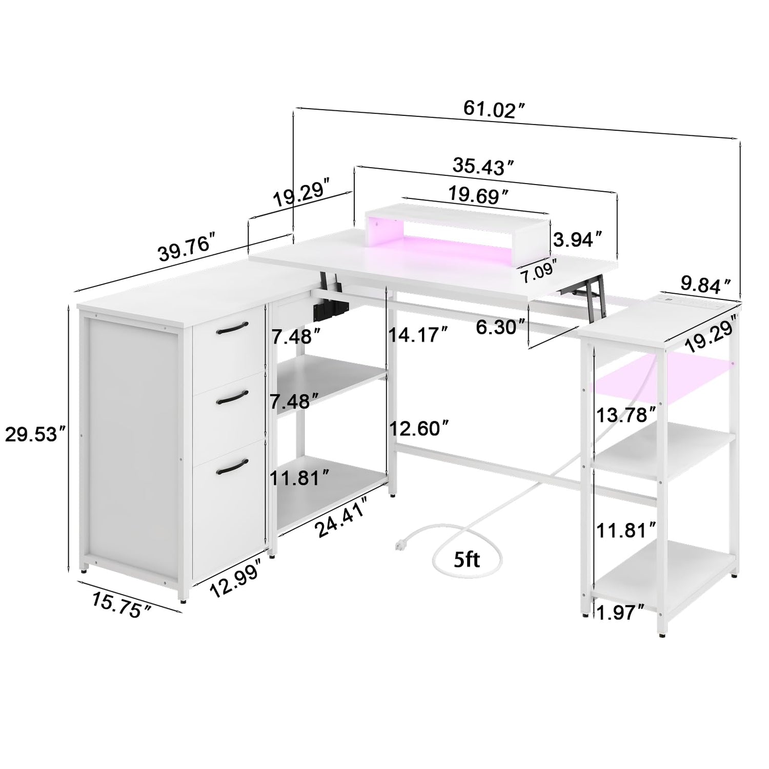 Halitaa 61" L Shaped Computer Desk with Lift Top, Power Outlets, and 3 Drawers Halitaa