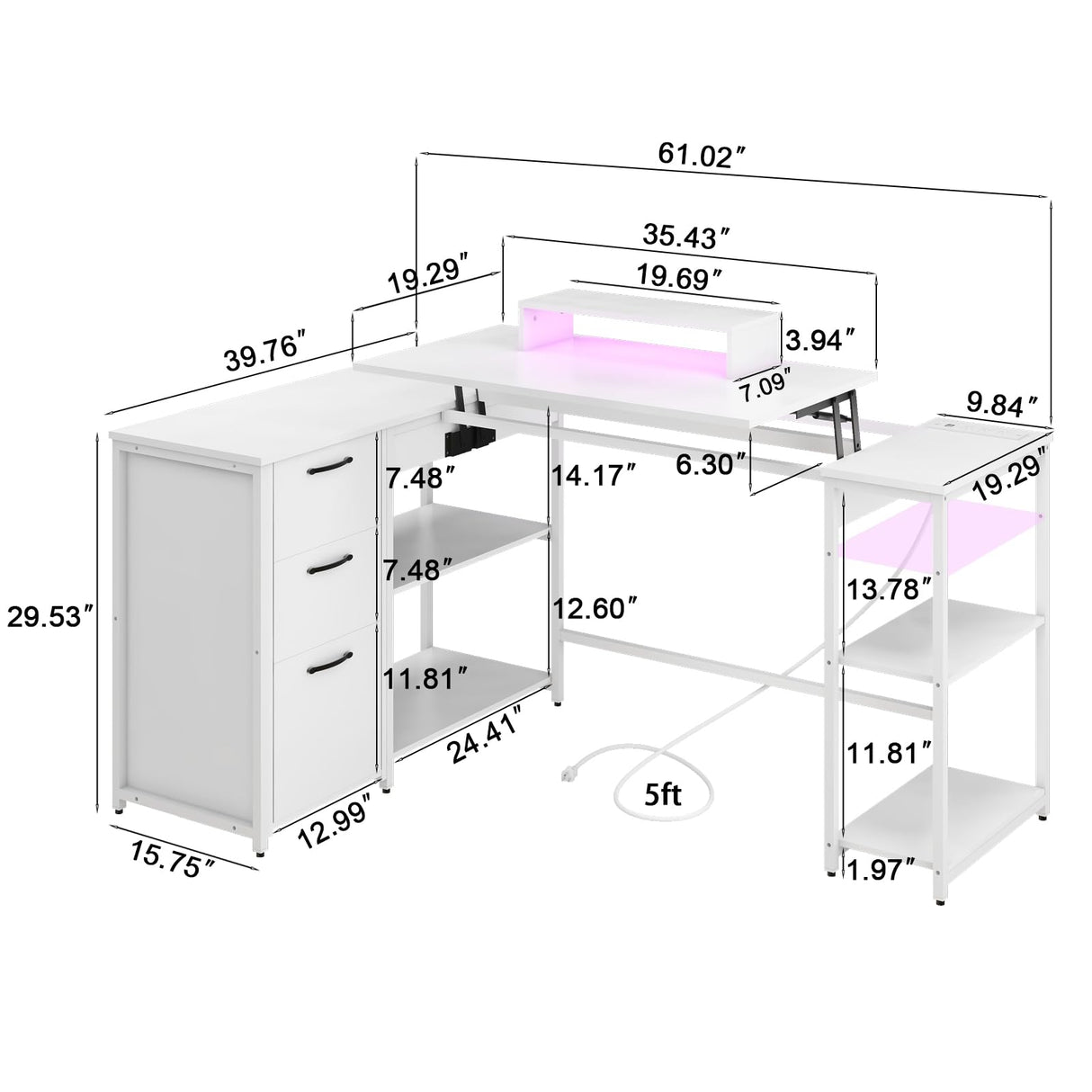 Halitaa 61" L Shaped Computer Desk with Lift Top, Power Outlets, and 3 Drawers Halitaa