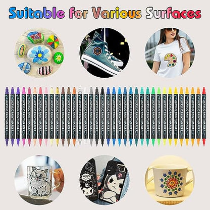 36 Colors Acrylic Paint Pens, Dual Tip Paint Markers with Fine Tip and Round Tip, Premium Paint Pens for Stone, Wood, Paper, Canvas, Fabric, Glass,