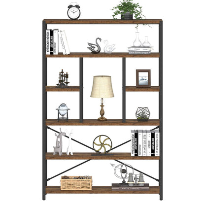 LVB Rustic Bookcases and Book Shelves, Metal Wood 6 Tier Bookshelf and Book Rack Storage, Industrial Vertical Display Etagere Book Case 6 Shelf,