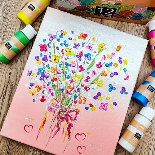 Artecho Metallic Acrylic Paint, 12 Colors Bottles (59ml / 2oz) Art Craft Paints for Canvas, Rock, Stone, Wood, Fabric, Art Supplies for Artists, Artecho