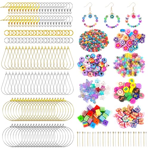 DRWATE Earring Making Kit with 940 PCS Beading Hoop Earring Finding Component Accessories Hooks Jump Rings Loop Earring Backs Beads and Charms for