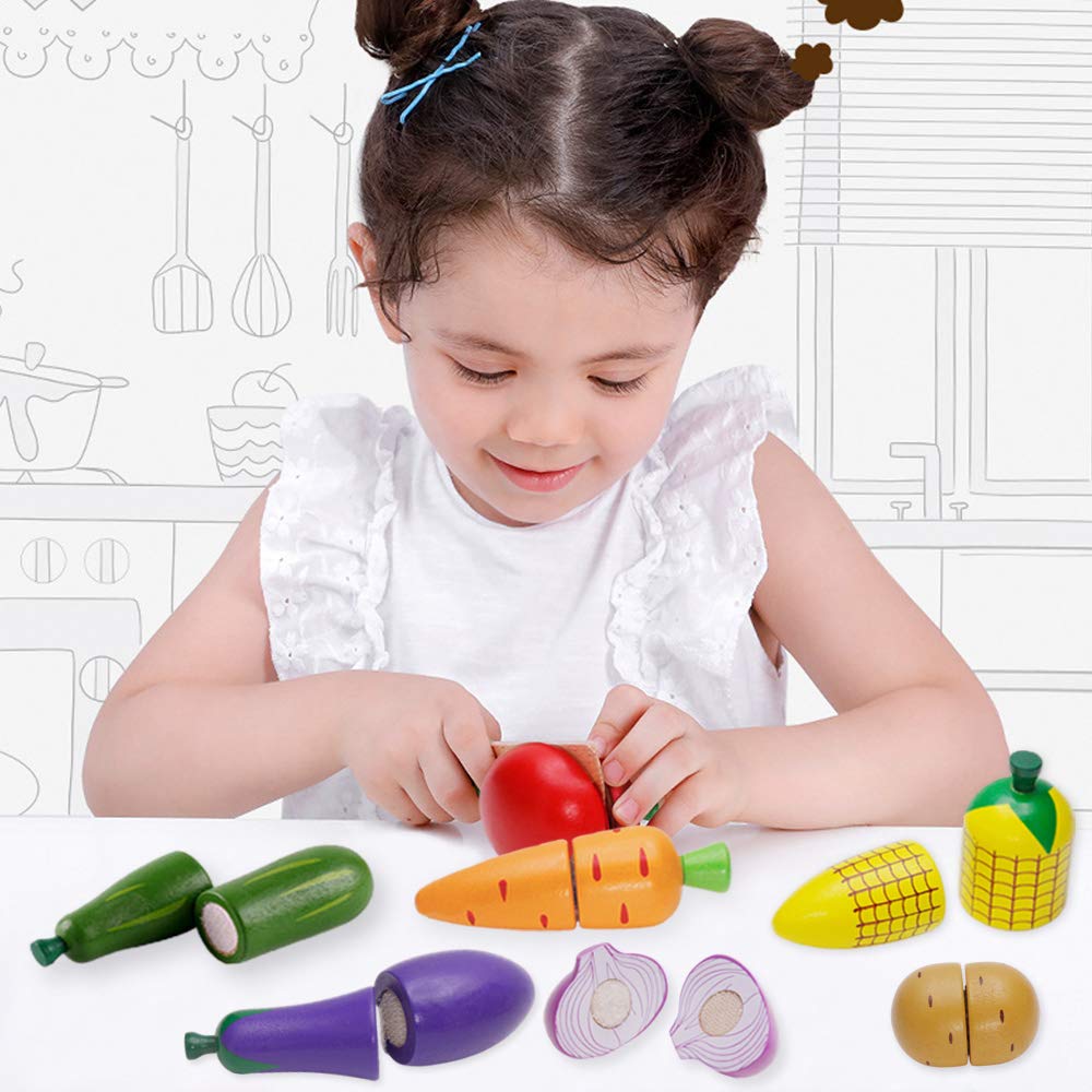 Wooden Play Food for Kids Kitchen Toys for Toddlers Cutting Pretend Toy Food Wooden Fruits Vegetables Gift for Boys Girls Educational Toys Airlab