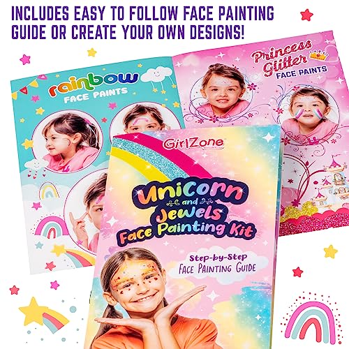 GirlZone Unicorn and Jewels Face Painting Kit, Amazing Face Paint Set with Face Gems, Brushes, Face Paint Stencils and A Kids Face Paint Lookbook to C