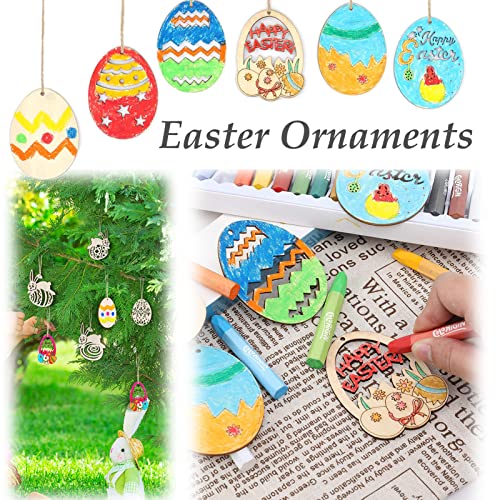 Pandahall 48pcs Unfinished Wood Easter Ornaments Egg Bunny Duck Tulip Chicks Wooden Blank Cutout Slices with 70pcs Hemp Cord 48pcs Wiggle Googly Eyes PH PandaHall