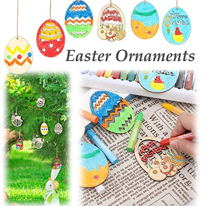 Pandahall 48pcs Unfinished Wood Easter Ornaments Egg Bunny Duck Tulip Chicks Wooden Blank Cutout Slices with 70pcs Hemp Cord 48pcs Wiggle Googly Eyes - WoodArtSupply