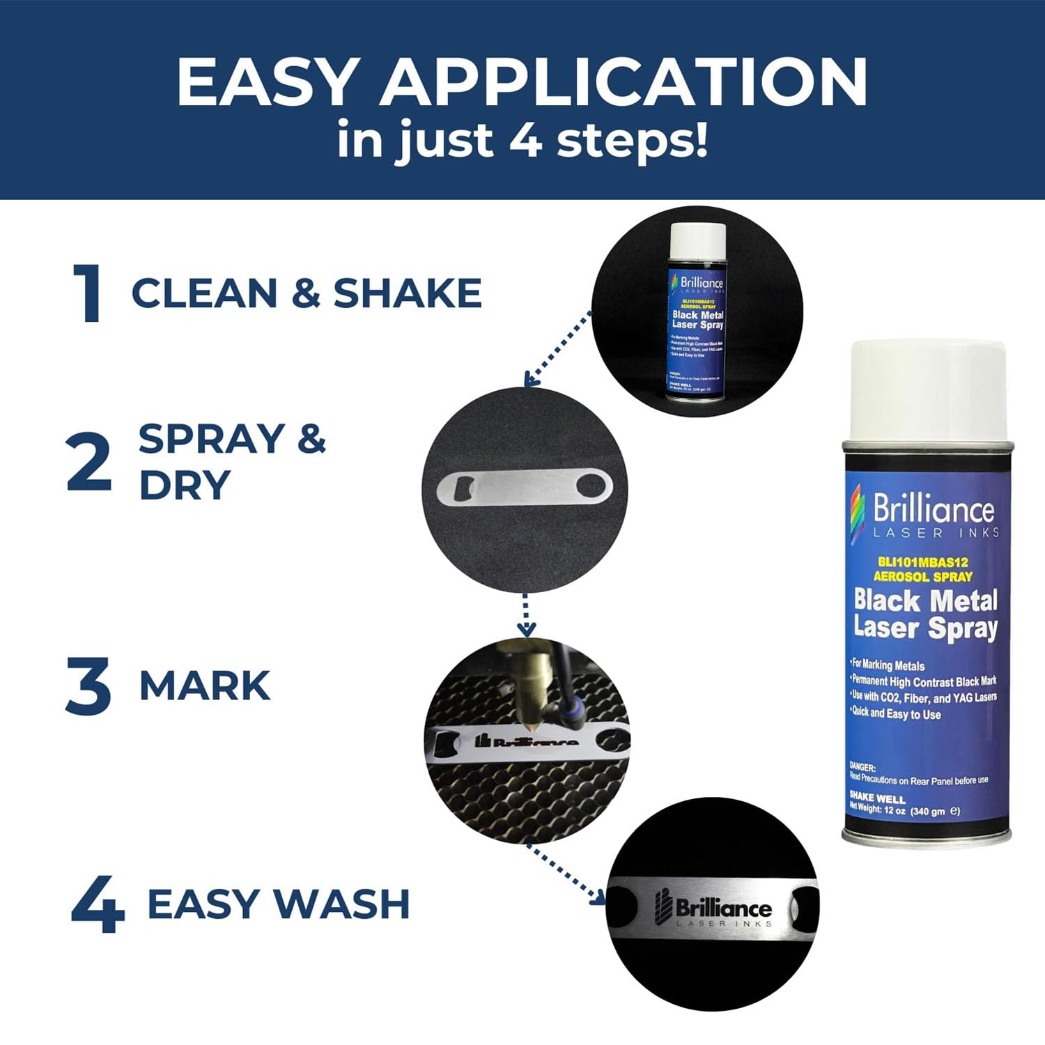 12 Oz - BLI101 - Aerosol Black Laser Ink for Metals Marking - CO2 Laser - Fiber Laser - YAG, Durable, Permanent, High Contrast, Brilliance Laser Inks BRILLIANCE LASER INKS