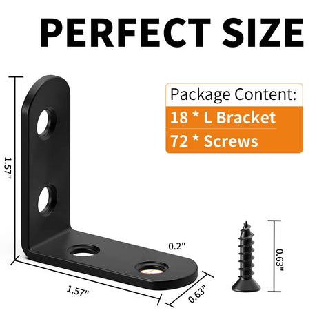 18PCS L Bracket Corner Bracket, FATLODA Stainless Steel L Brackets for Shelves, Black Small Right Angle Bracket, Metal Corner Brace for Wood FATLODA