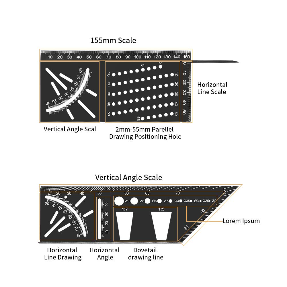 Aluminum Alloy Woodworking Square Size Measure Ruler, welltop 3D Mitre Angle Measuring Tool, Multifunctional 45/90 Degree Angle T Ruler Gauge, for - WoodArtSupply