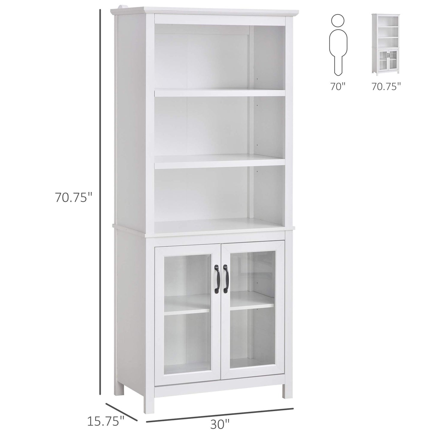 HOMCOM 71" Bookcase Storage Hutch Cabinet with Adjustable Shelves and Glass Doors for Home Office, Kitchen, Living Room, Natural Wood