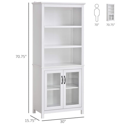 HOMCOM 71" Bookcase Storage Hutch Cabinet with Adjustable Shelves and Glass Doors for Home Office, Kitchen, Living Room, Natural Wood