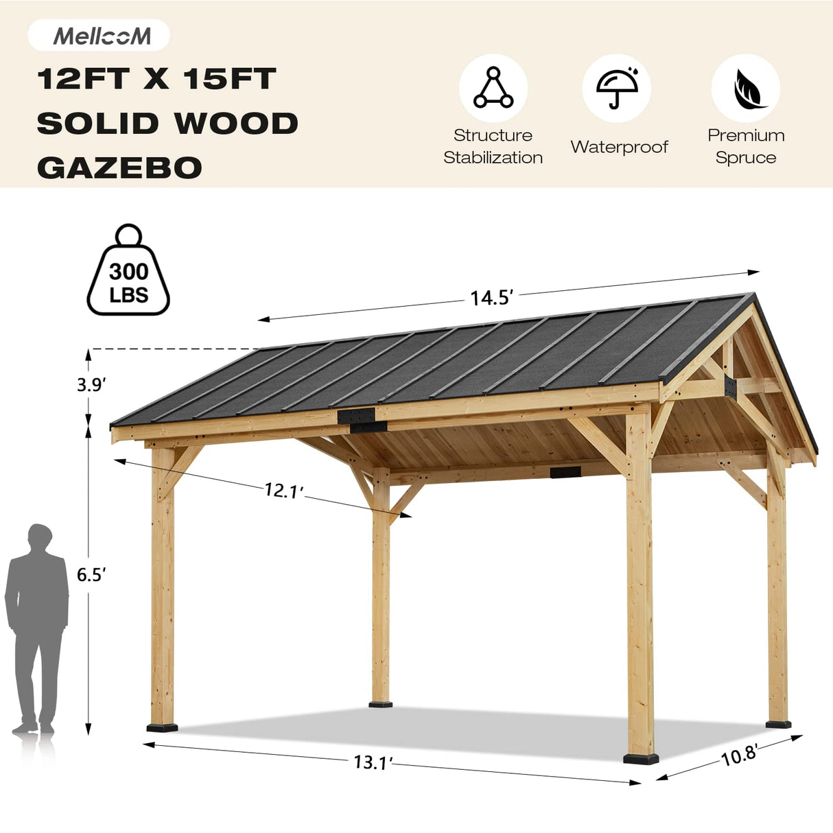 MELLCOM 12' x15' Wood Gazebo, Spruce Solid Wood Hardtop Pavilion, Waterproof Asphalt Roof, for Patio, Lawn, Garden, Easy Installation MELLCOM