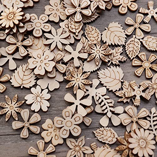 MILISTEN Wooden Flowers 100Pcs Mini Wooden Slice Wood Discs Slices Flower Leaf Grass Slices Unfinished Wooden Cutouts Craft DIY Decoration